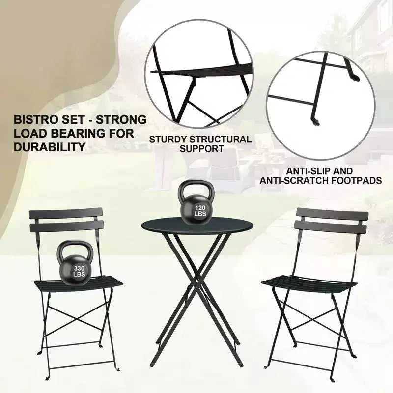 3-Piece Outdoor Bistro Set, Folding Patio Bistro Sets with 1 Table and 2 Chairs, Metal Frame Bistro Table and Chairs Set of 2 for Small Space, Indoor