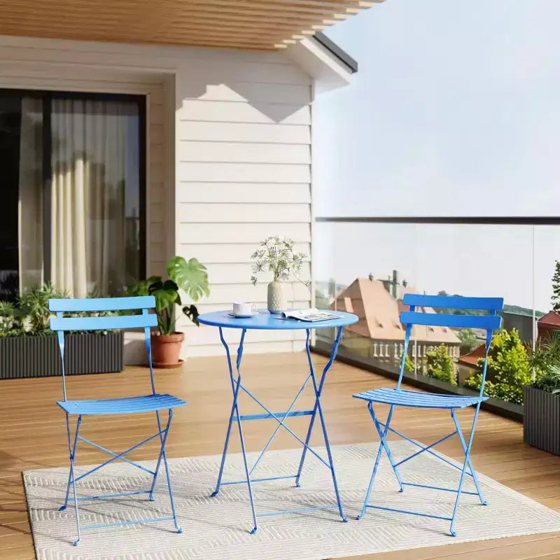 3-Piece Outdoor Bistro Set, Folding Patio Bistro Sets with 1 Table and 2 Chairs, Metal Frame Bistro Table and Chairs Set of 2 for Small Space, Indoor