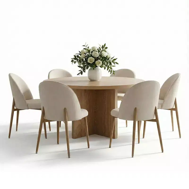 Japandi Round Dining Table Set For 6, Cross Base Pedestal Table With Upholstered Dining Chairs, Rustic Farmhouse 7-Piece Dining Set-Panipeachy