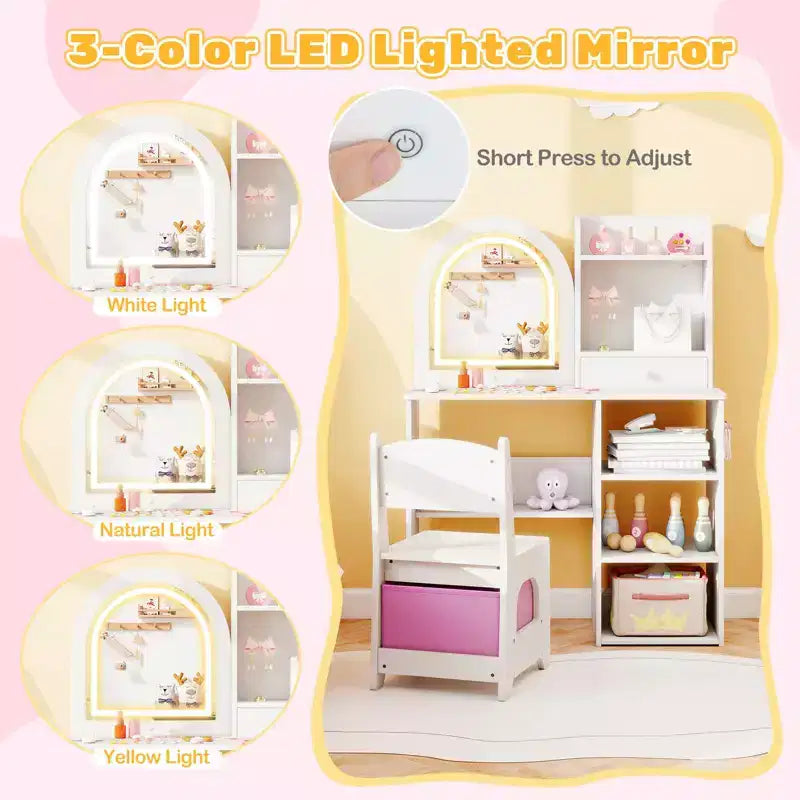 Costway Kids Vanity Set Princess Girls Makeup Vanity Desk w/ 3-Color LED Lighted Mirror White