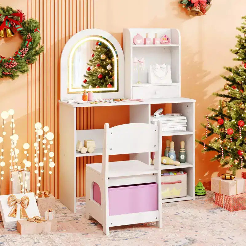 Costway Kids Vanity Set Princess Girls Makeup Vanity Desk w/ 3-Color LED Lighted Mirror White
