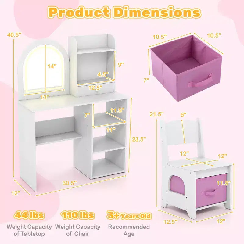 Costway Kids Vanity Set Princess Girls Makeup Vanity Desk w/ 3-Color LED Lighted Mirror White
