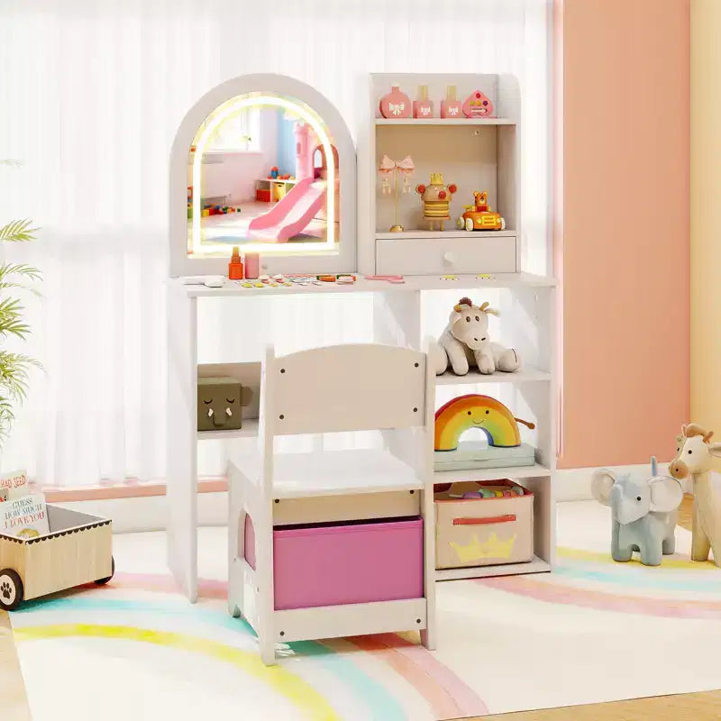 Costway Kids Vanity Set Princess Girls Makeup Vanity Desk w/ 3-Color LED Lighted Mirror White