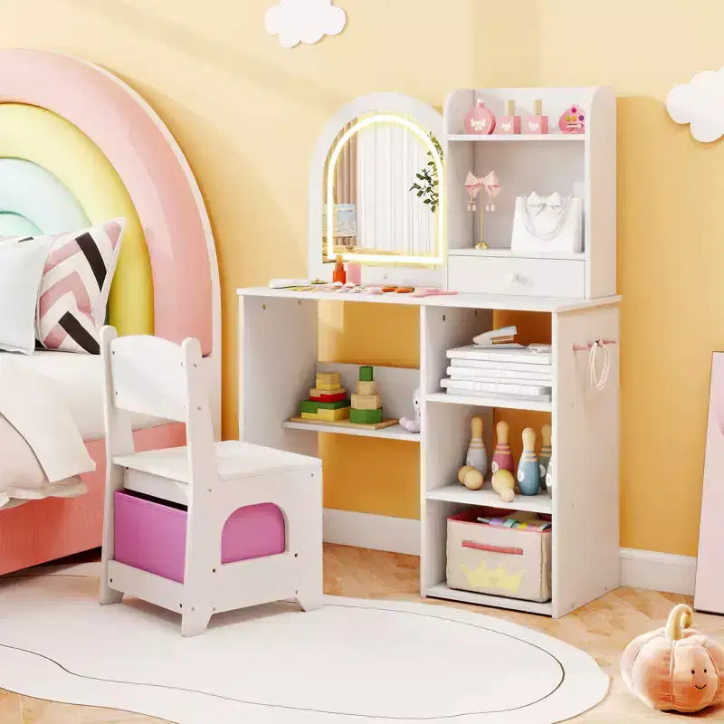 Costway Kids Vanity Set Princess Girls Makeup Vanity Desk w/ 3-Color LED Lighted Mirror White