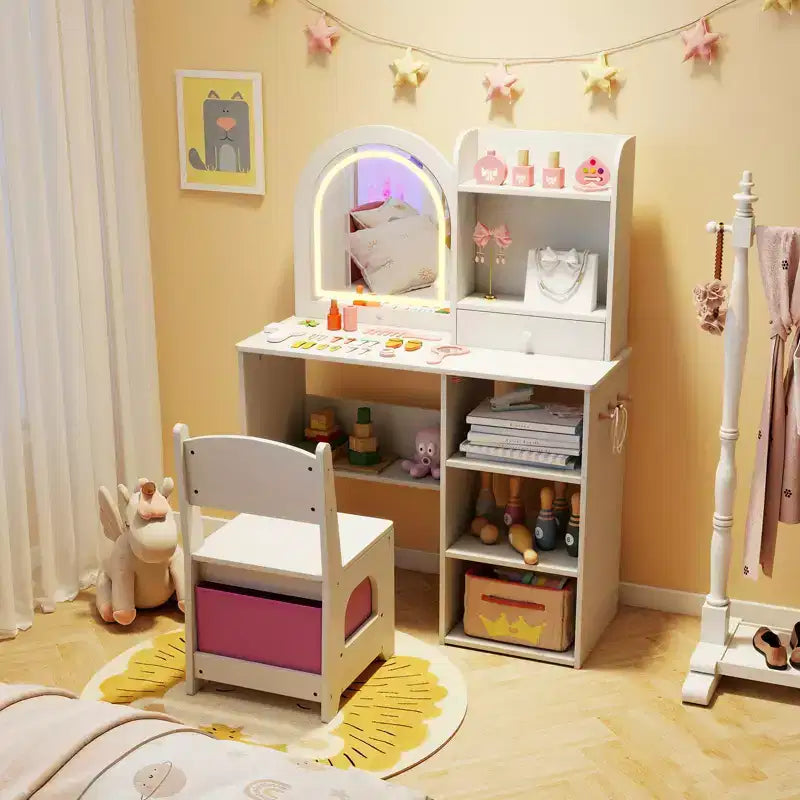 Costway Kids Vanity Set Princess Girls Makeup Vanity Desk w/ 3-Color LED Lighted Mirror White