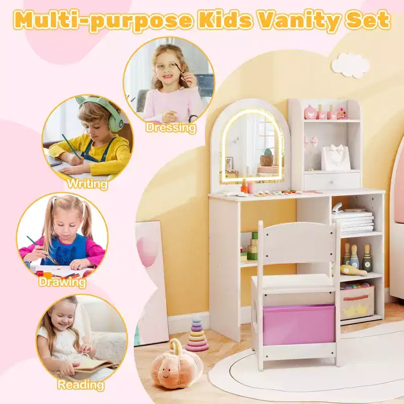 Costway Kids Vanity Set Princess Girls Makeup Vanity Desk w/ 3-Color LED Lighted Mirror White