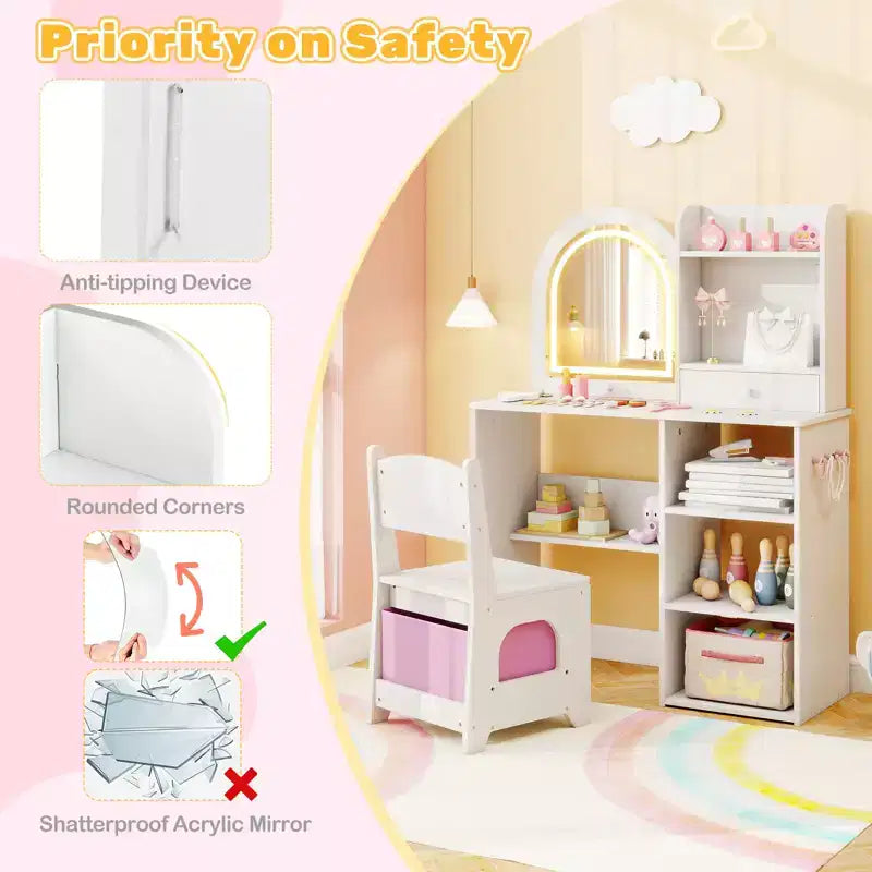 Costway Kids Vanity Set Princess Girls Makeup Vanity Desk w/ 3-Color LED Lighted Mirror White