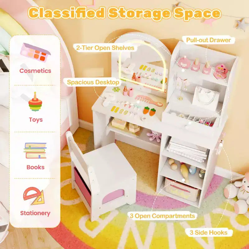 Costway Kids Vanity Set Princess Girls Makeup Vanity Desk w/ 3-Color LED Lighted Mirror White