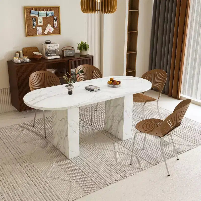 62.9 Oval Dining Table for 6 Marble Top Kitchen Table with Wood Strip Base Modern Farmhouse with Waterproof Scratch Resistant Surface White