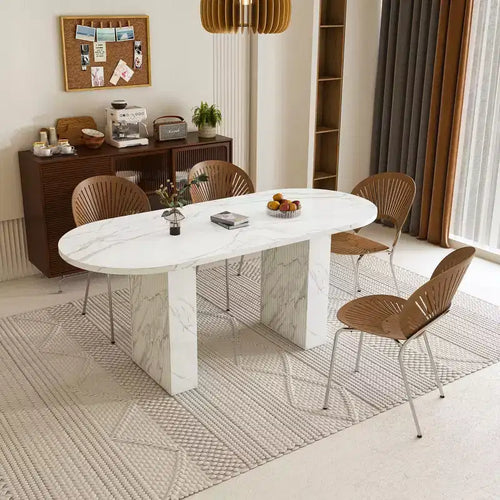 62.9 Oval Dining Table for 6 Marble Top Kitchen Table with Wood Strip Base Modern Farmhouse with Waterproof Scratch Resistant Surface White
