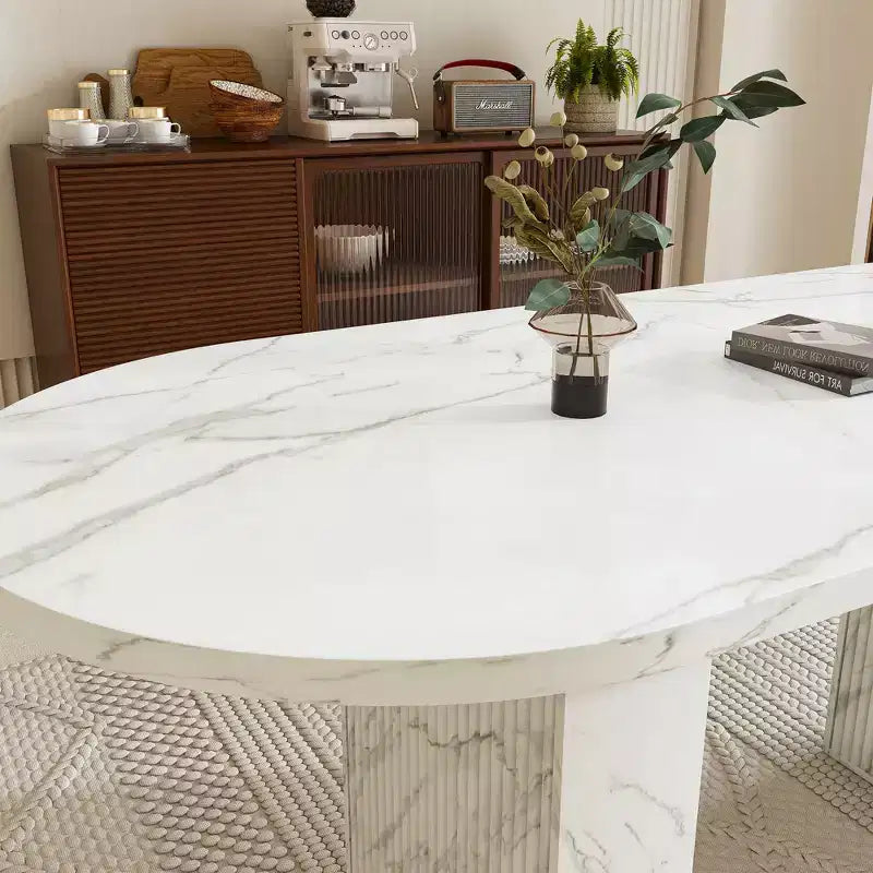 62.9 Oval Dining Table for 6 Marble Top Kitchen Table with Wood Strip Base Modern Farmhouse with Waterproof Scratch Resistant Surface White