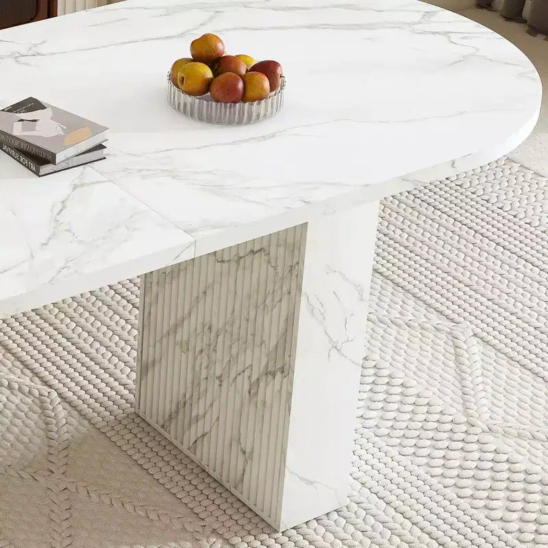 62.9 Oval Dining Table for 6 Marble Top Kitchen Table with Wood Strip Base Modern Farmhouse with Waterproof Scratch Resistant Surface White
