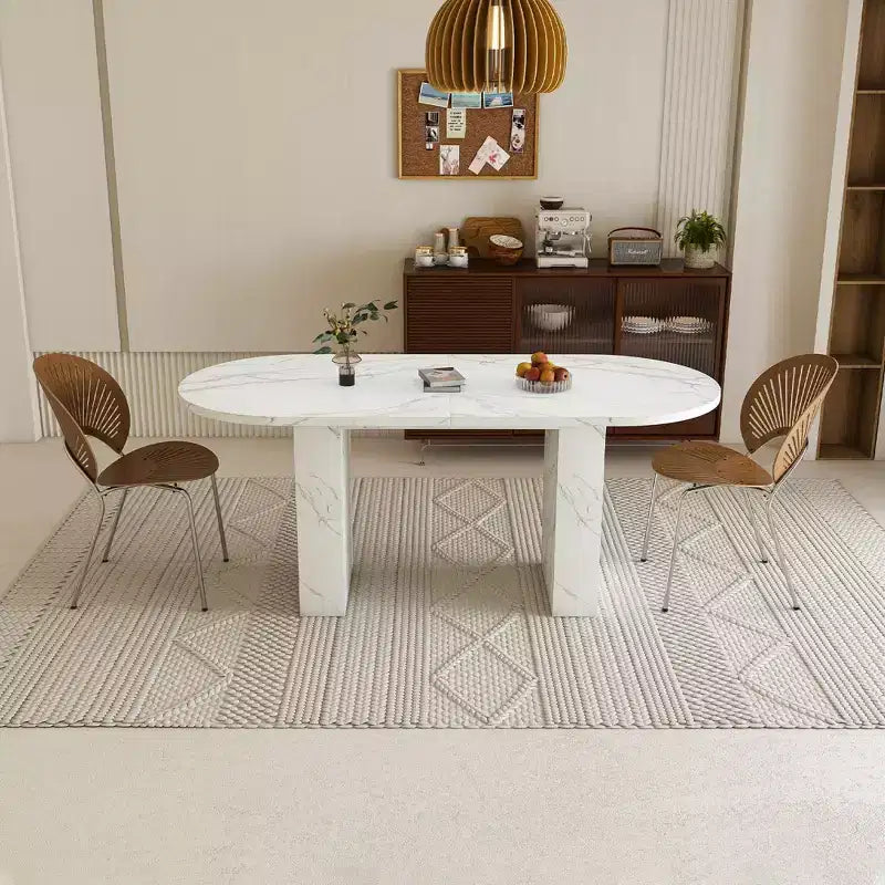 62.9 Oval Dining Table for 6 Marble Top Kitchen Table with Wood Strip Base Modern Farmhouse with Waterproof Scratch Resistant Surface White