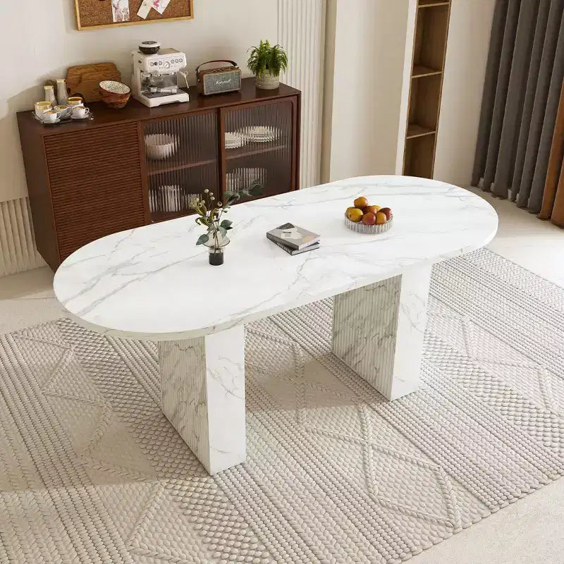 62.9 Oval Dining Table for 6 Marble Top Kitchen Table with Wood Strip Base Modern Farmhouse with Waterproof Scratch Resistant Surface White