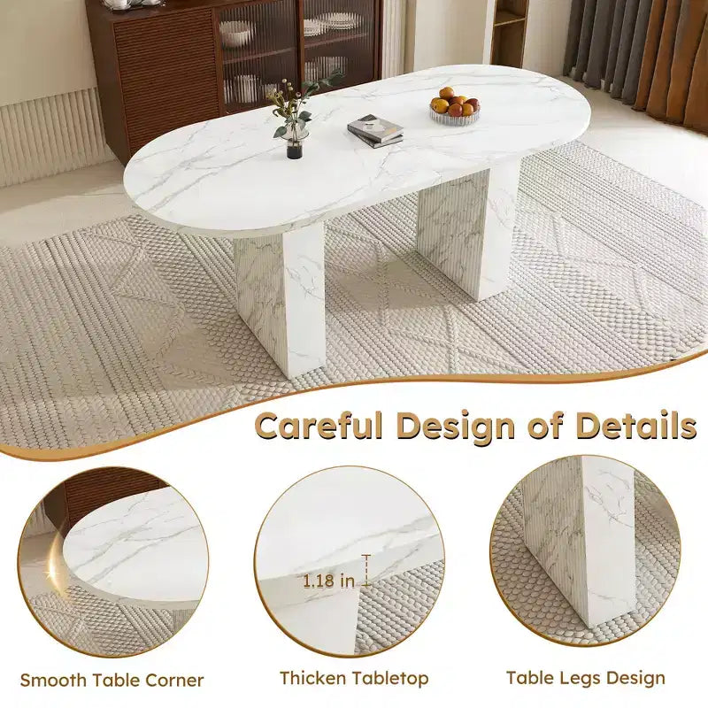 62.9 Oval Dining Table for 6 Marble Top Kitchen Table with Wood Strip Base Modern Farmhouse with Waterproof Scratch Resistant Surface White