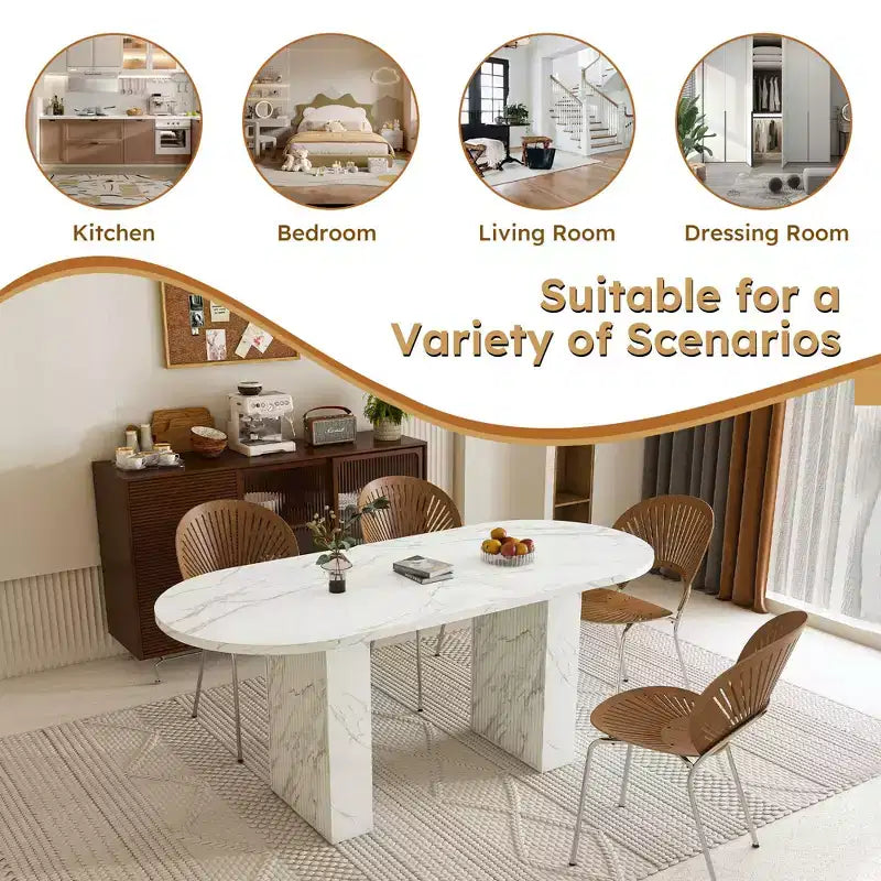62.9 Oval Dining Table for 6 Marble Top Kitchen Table with Wood Strip Base Modern Farmhouse with Waterproof Scratch Resistant Surface White