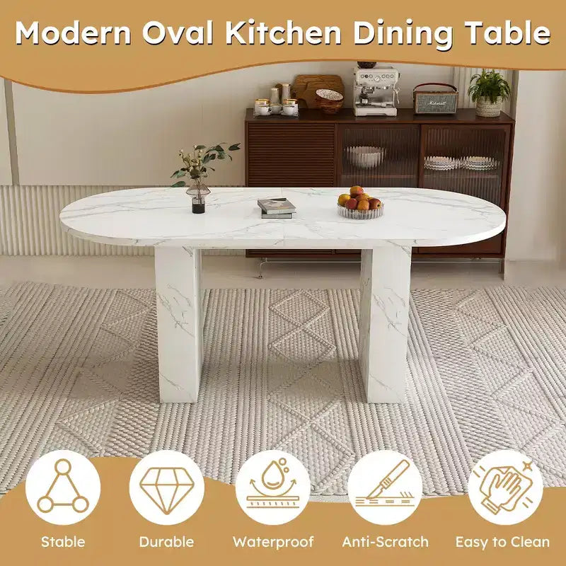 62.9 Oval Dining Table for 6 Marble Top Kitchen Table with Wood Strip Base Modern Farmhouse with Waterproof Scratch Resistant Surface White