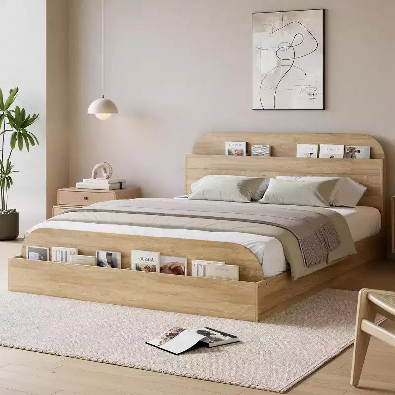 Queen Size Bed Frame, Wooden Beds with Storage Headboard and Raised-Foodboard, Twin-Floor Low Platform Bed for Bedroom,, No Box Spring Needed