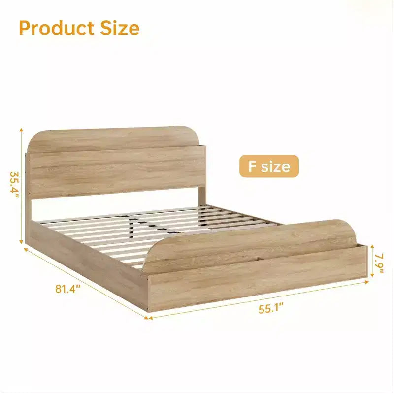 Queen Size Bed Frame, Wooden Beds with Storage Headboard and Raised-Foodboard, Twin-Floor Low Platform Bed for Bedroom,, No Box Spring Needed