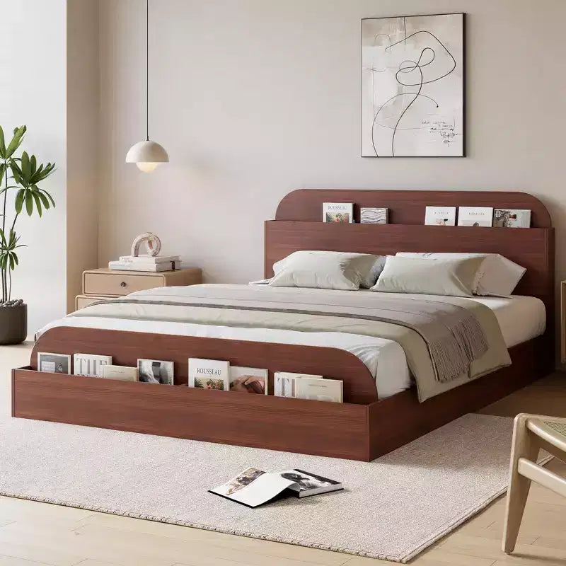 Queen Size Bed Frame, Wooden Beds with Storage Headboard and Raised-Foodboard, Twin-Floor Low Platform Bed for Bedroom,, No Box Spring Needed