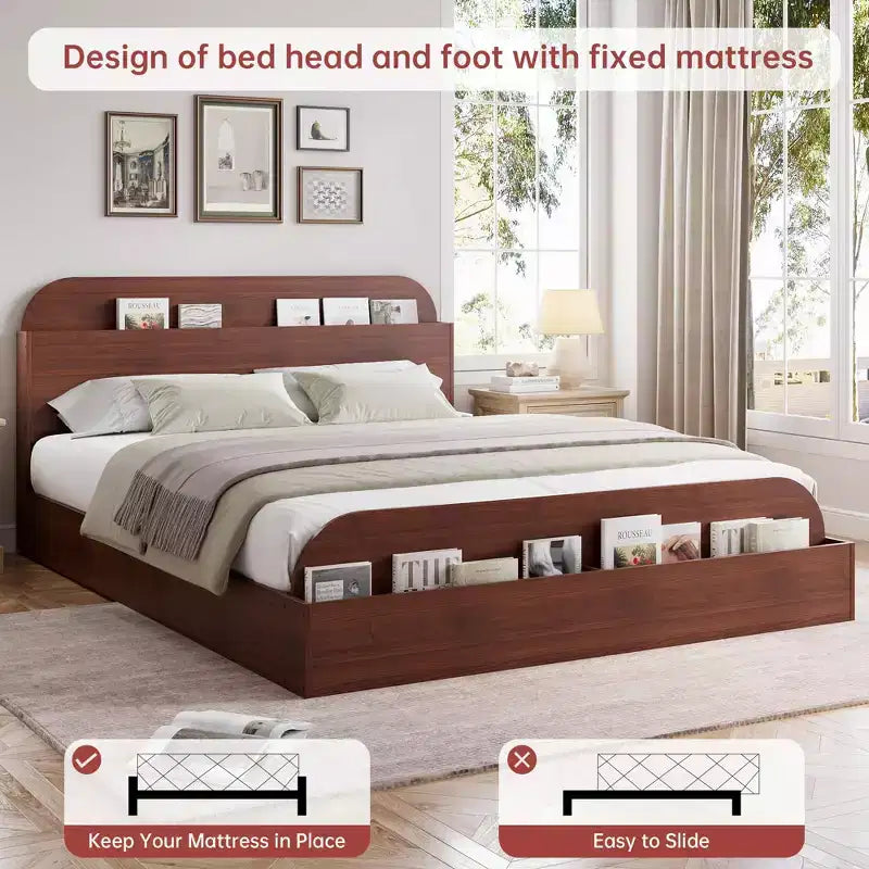 Queen Size Bed Frame, Wooden Beds with Storage Headboard and Raised-Foodboard, Twin-Floor Low Platform Bed for Bedroom,, No Box Spring Needed