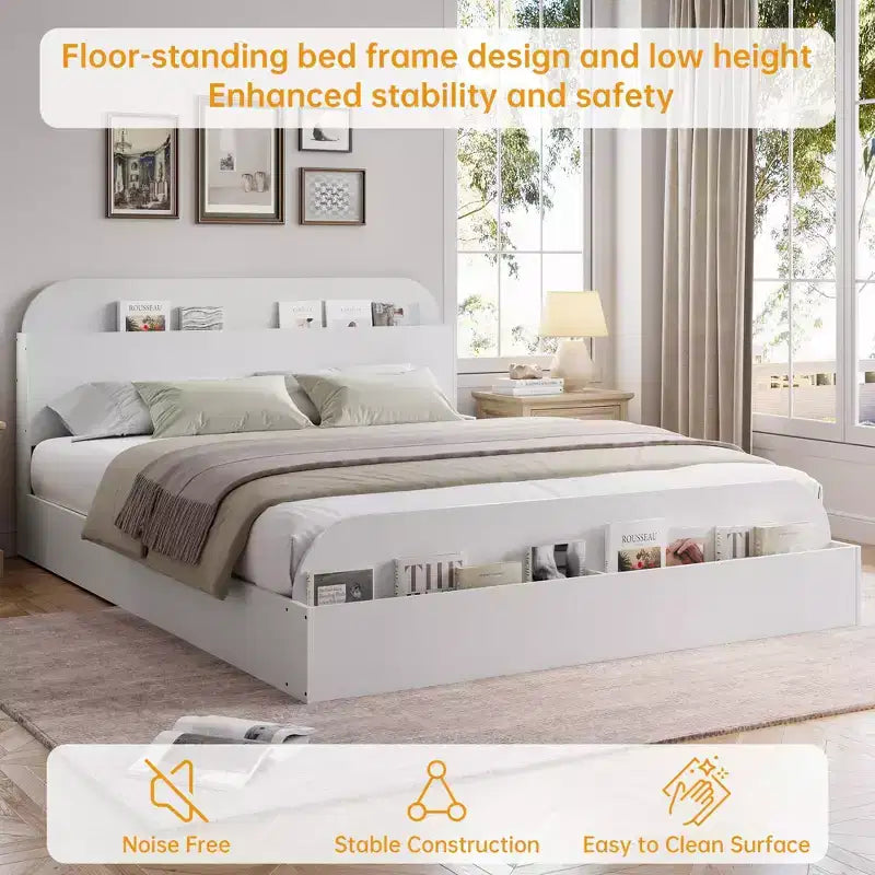 Queen Size Bed Frame, Wooden Beds with Storage Headboard and Raised-Foodboard, Twin-Floor Low Platform Bed for Bedroom,, No Box Spring Needed