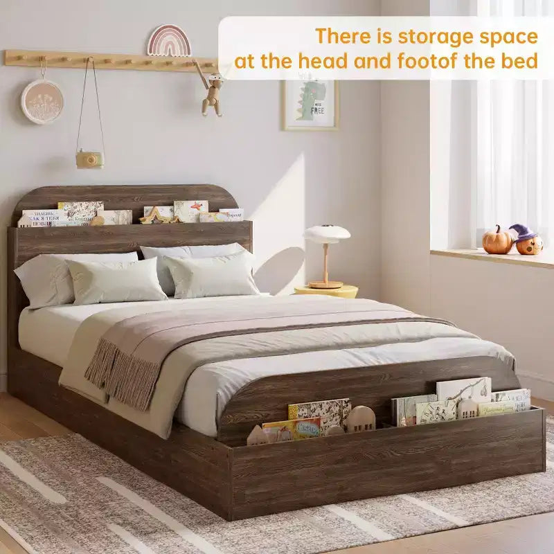 Queen Size Bed Frame, Wooden Beds with Storage Headboard and Raised-Foodboard, Twin-Floor Low Platform Bed for Bedroom,, No Box Spring Needed