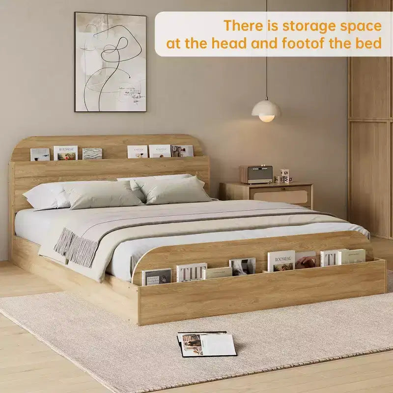 Queen Size Bed Frame, Wooden Beds with Storage Headboard and Raised-Foodboard, Twin-Floor Low Platform Bed for Bedroom,, No Box Spring Needed
