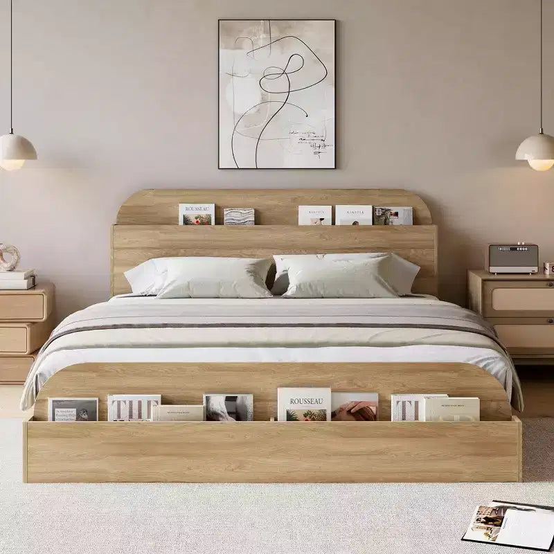 Queen Size Bed Frame, Wooden Beds with Storage Headboard and Raised-Foodboard, Twin-Floor Low Platform Bed for Bedroom,, No Box Spring Needed