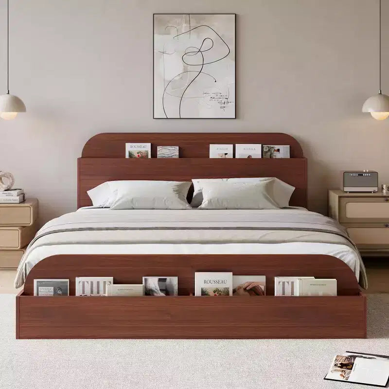 Queen Size Bed Frame, Wooden Beds with Storage Headboard and Raised-Foodboard, Twin-Floor Low Platform Bed for Bedroom,, No Box Spring Needed