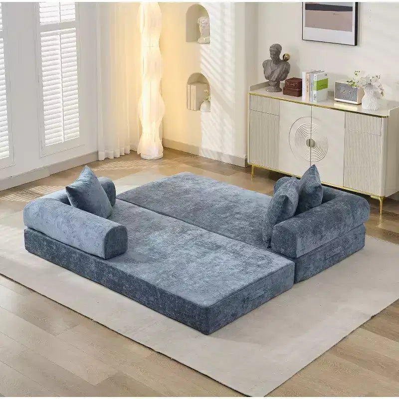 MooxvMoo 4-in-1 Convertible Sofa Bed, Floor Foldable Couch Bed with Armrests & Pillow, No Assembly Required, Comfy Memory Foam Couch, Blue