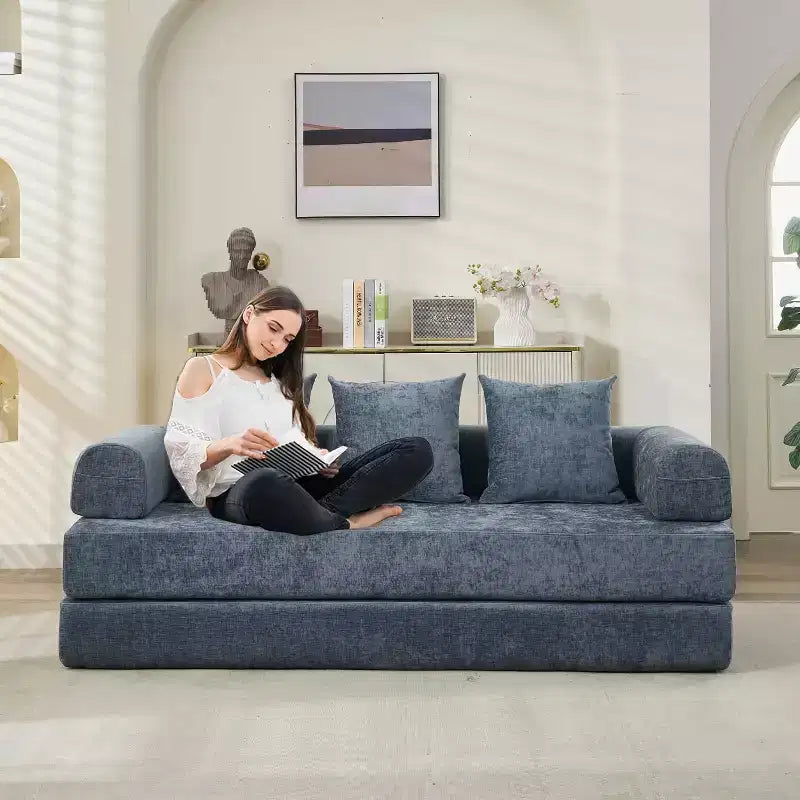MooxvMoo 4-in-1 Convertible Sofa Bed, Floor Foldable Couch Bed with Armrests & Pillow, No Assembly Required, Comfy Memory Foam Couch, Blue