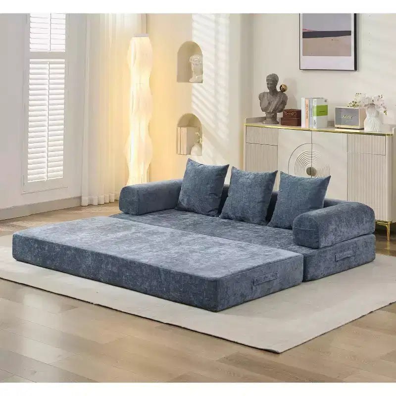MooxvMoo 4-in-1 Convertible Sofa Bed, Floor Foldable Couch Bed with Armrests & Pillow, No Assembly Required, Comfy Memory Foam Couch, Blue