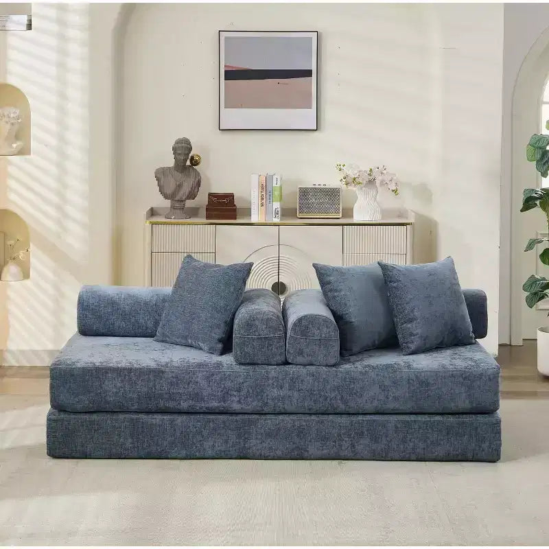 MooxvMoo 4-in-1 Convertible Sofa Bed, Floor Foldable Couch Bed with Armrests & Pillow, No Assembly Required, Comfy Memory Foam Couch, Blue