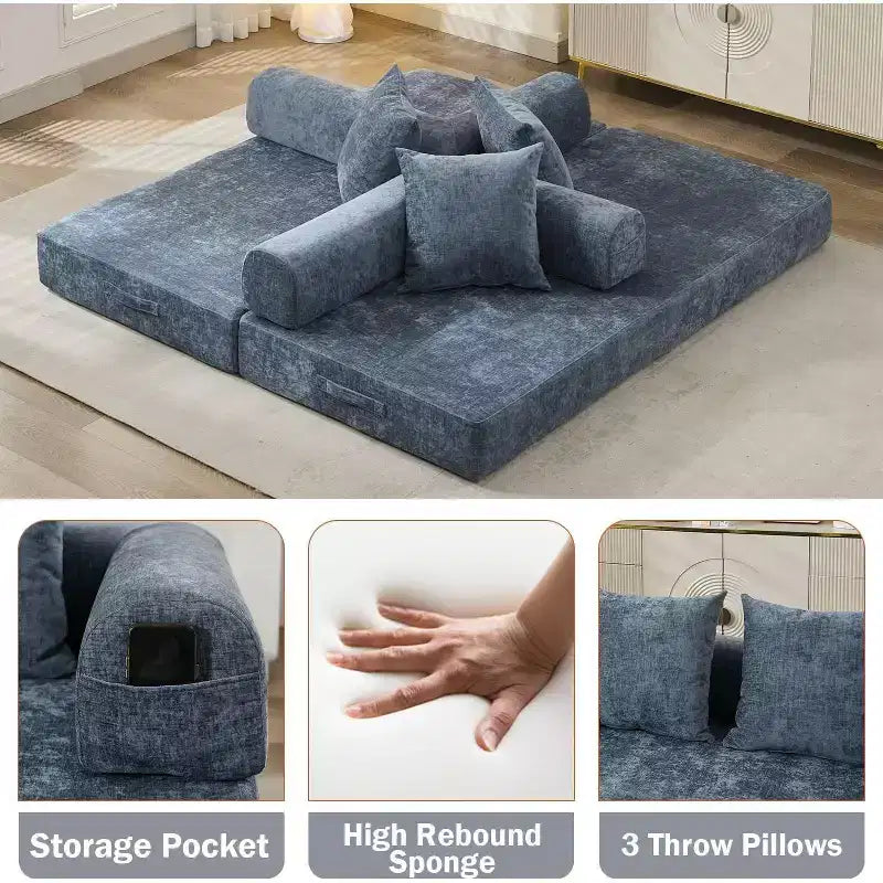 MooxvMoo 4-in-1 Convertible Sofa Bed, Floor Foldable Couch Bed with Armrests & Pillow, No Assembly Required, Comfy Memory Foam Couch, Blue