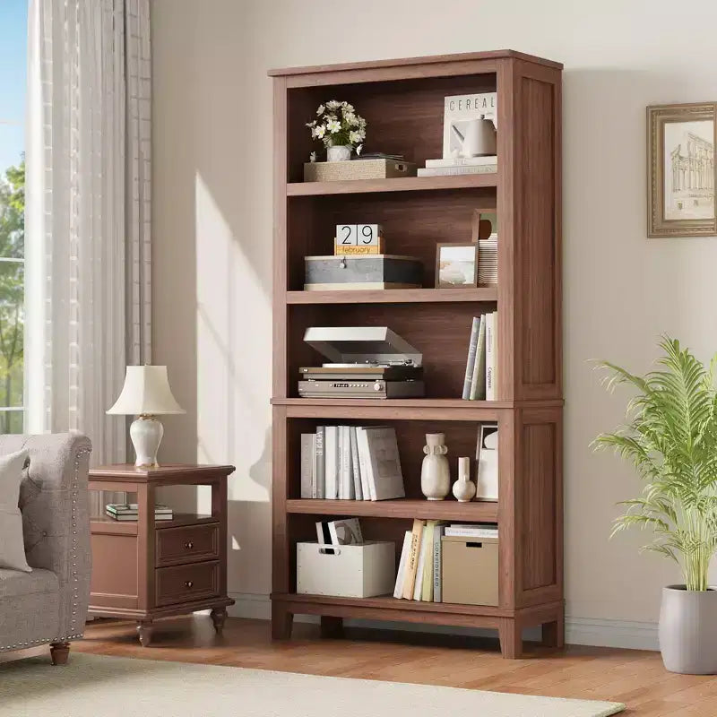 71 Farmhouse Bookcase w/Adjustable Shelves & 31.5 Width, 5 Tier Tall Bookshelf with Wooden Legs, Vintage Book Shelf for Living Room Office