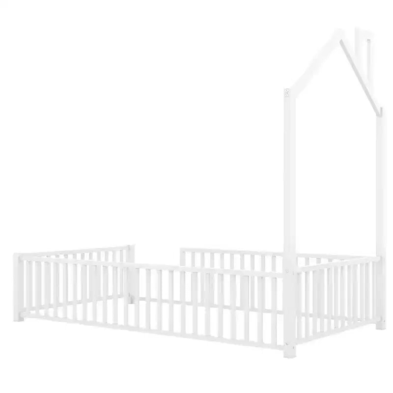 Luxystar Twin Size Metal House Platform Bed with Fence and Chimney, White