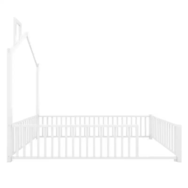 Luxystar Twin Size Metal House Platform Bed with Fence and Chimney, White