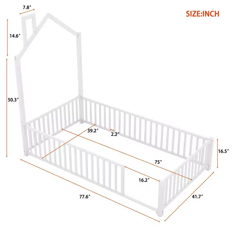 Luxystar Twin Size Metal House Platform Bed with Fence and Chimney, White