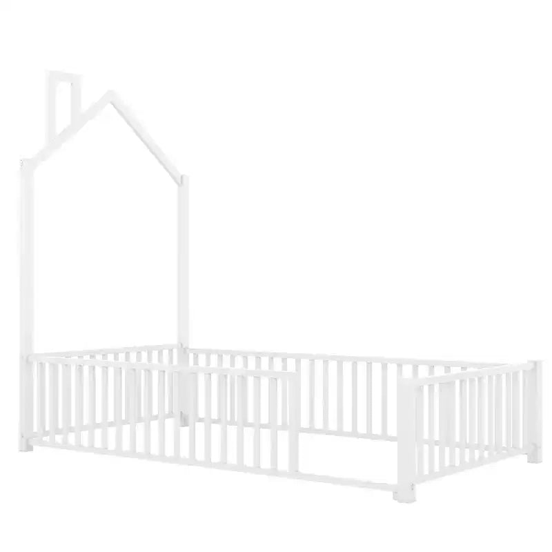 Luxystar Twin Size Metal House Platform Bed with Fence and Chimney, White
