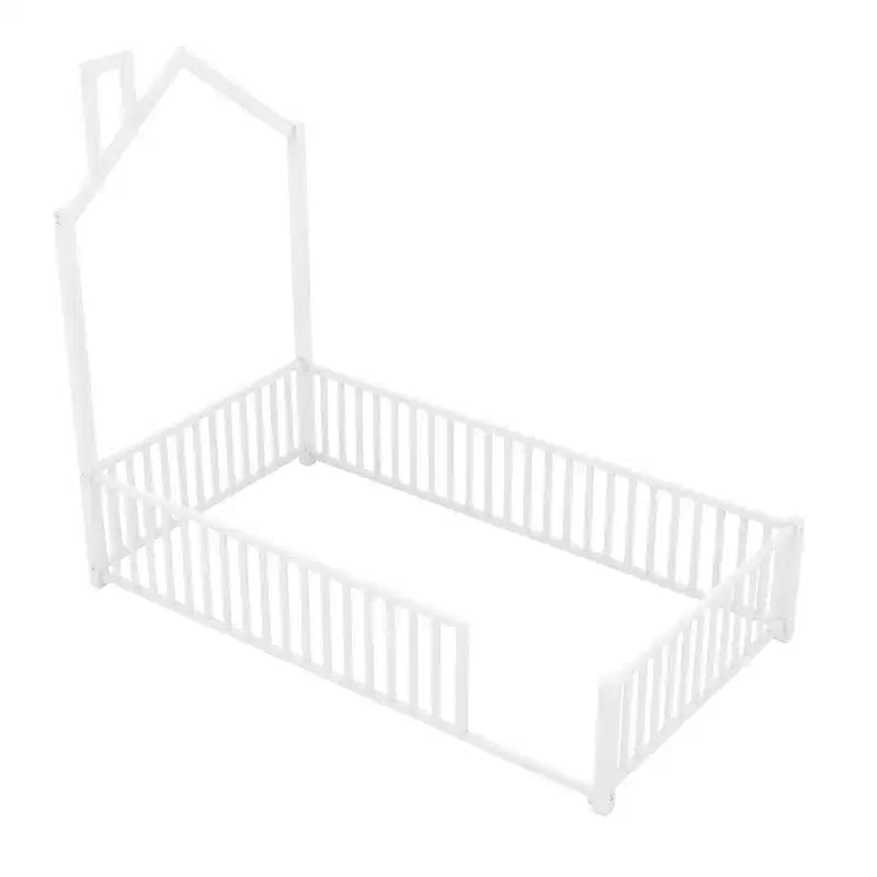 Luxystar Twin Size Metal House Platform Bed with Fence and Chimney, White