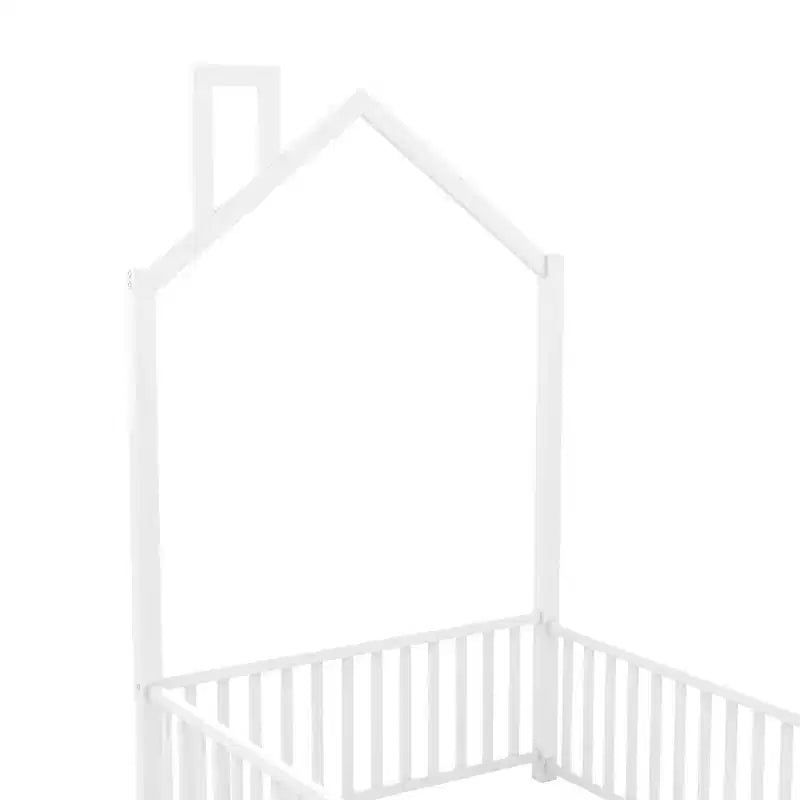Luxystar Twin Size Metal House Platform Bed with Fence and Chimney, White