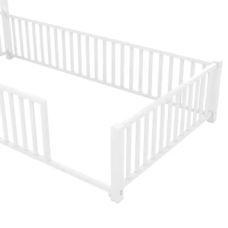 Luxystar Twin Size Metal House Platform Bed with Fence and Chimney, White