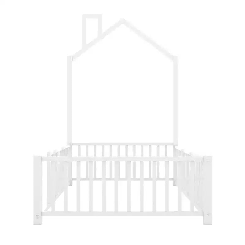 Luxystar Twin Size Metal House Platform Bed with Fence and Chimney, White