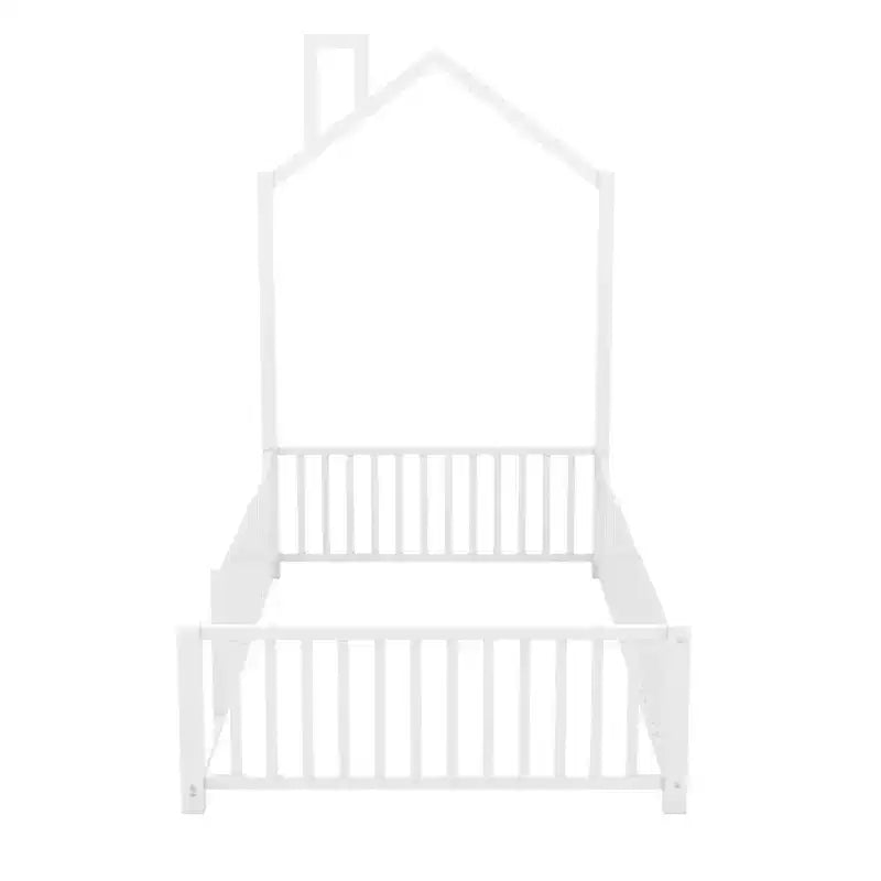 Luxystar Twin Size Metal House Platform Bed with Fence and Chimney, White
