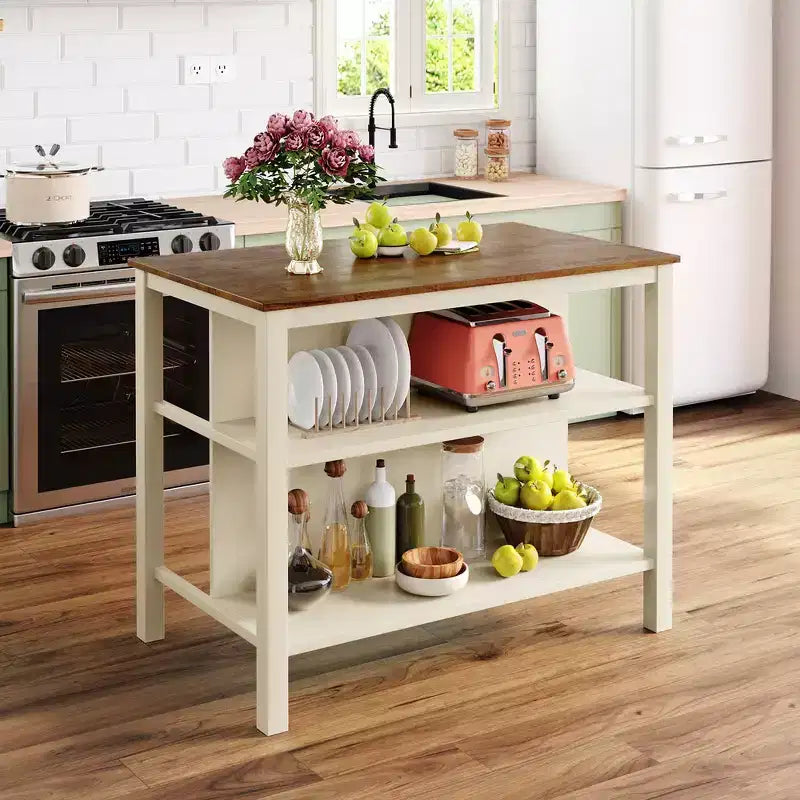 Whisen Rustic 45 Stationary Kitchen Island Cart, Rubber Wood Butcher Block Dining Table Prep Table with 2 Open Shelves - Walnut & Cream White