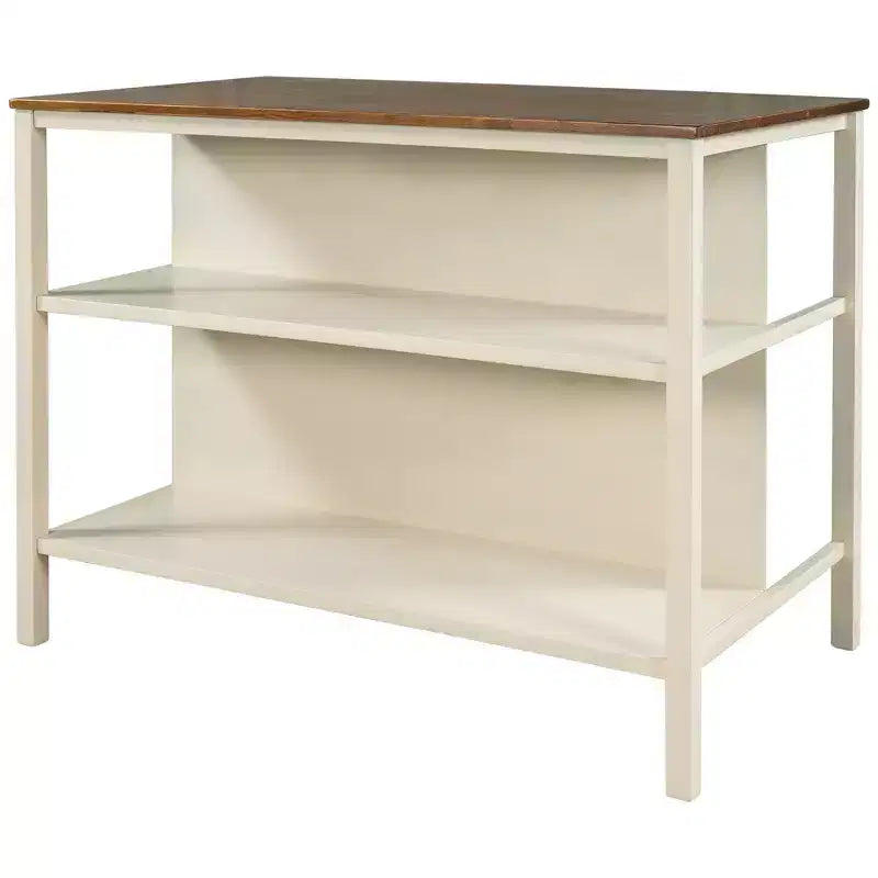 Whisen Rustic 45 Stationary Kitchen Island Cart, Rubber Wood Butcher Block Dining Table Prep Table with 2 Open Shelves - Walnut & Cream White