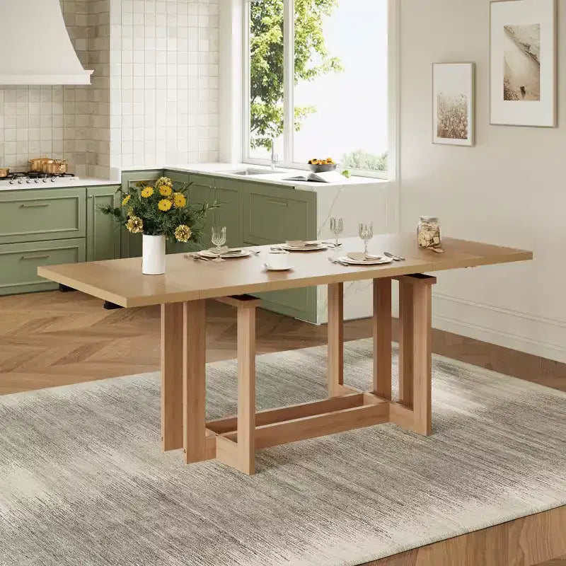 Table de salle à manger extensible Whisen Rustic 82, Table de cuisine tréteau avec pieds en bois d'hévéa, 2 rallonges amovibles