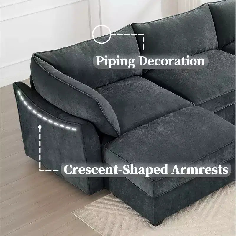MooxvMoo 112in Chenille Sofas for Living Room, L Shaped Couch with Storage, Sectional Couch w/ Pull Out Drawer & Throw Pillows & Storage Ottoman, Gray