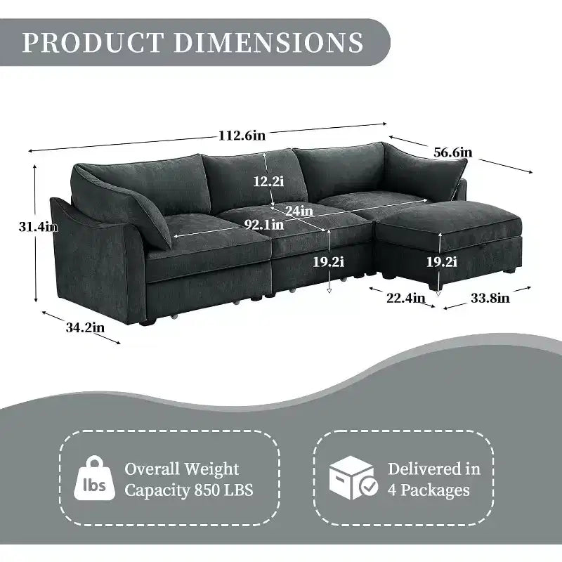 MooxvMoo 112in Chenille Sofas for Living Room, L Shaped Couch with Storage, Sectional Couch w/ Pull Out Drawer & Throw Pillows & Storage Ottoman, Gray